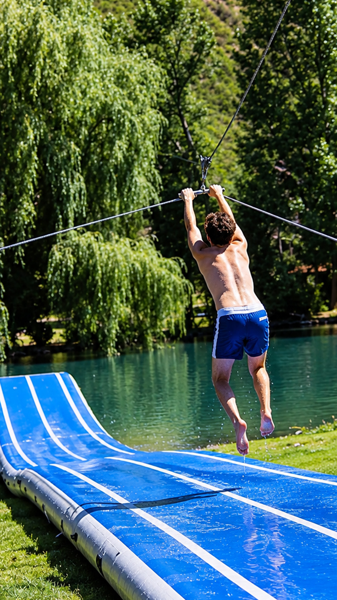 A giant slingshot sends him flying into a lake