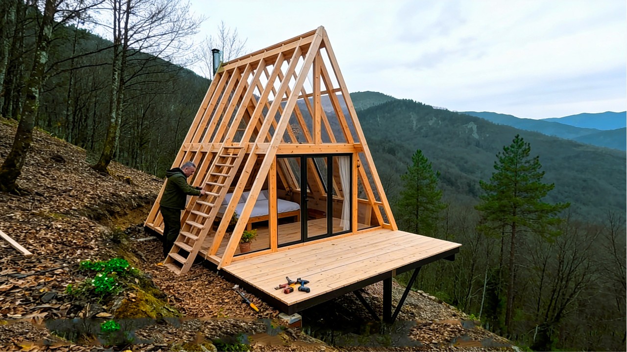 Man builds an awesome mountain cabin from scratch | Start to finish