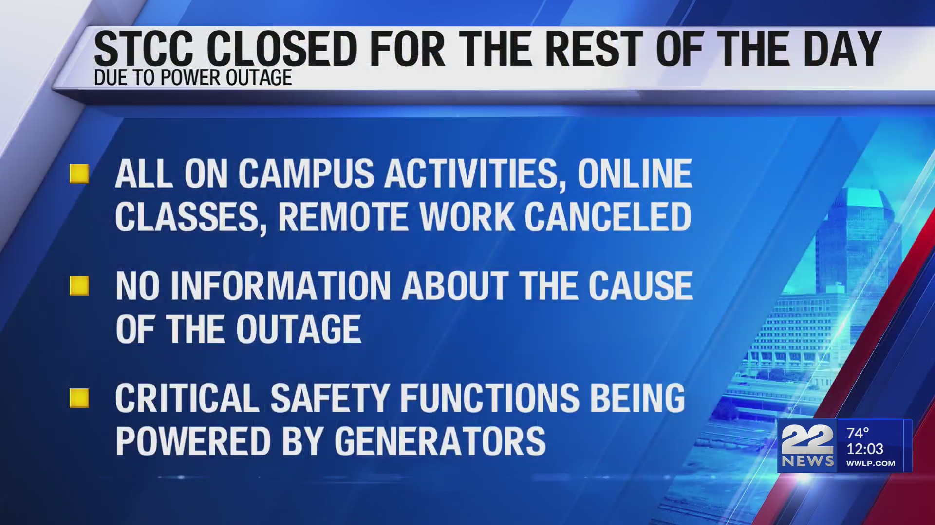 STCC closed as power outage disrupts campus operations