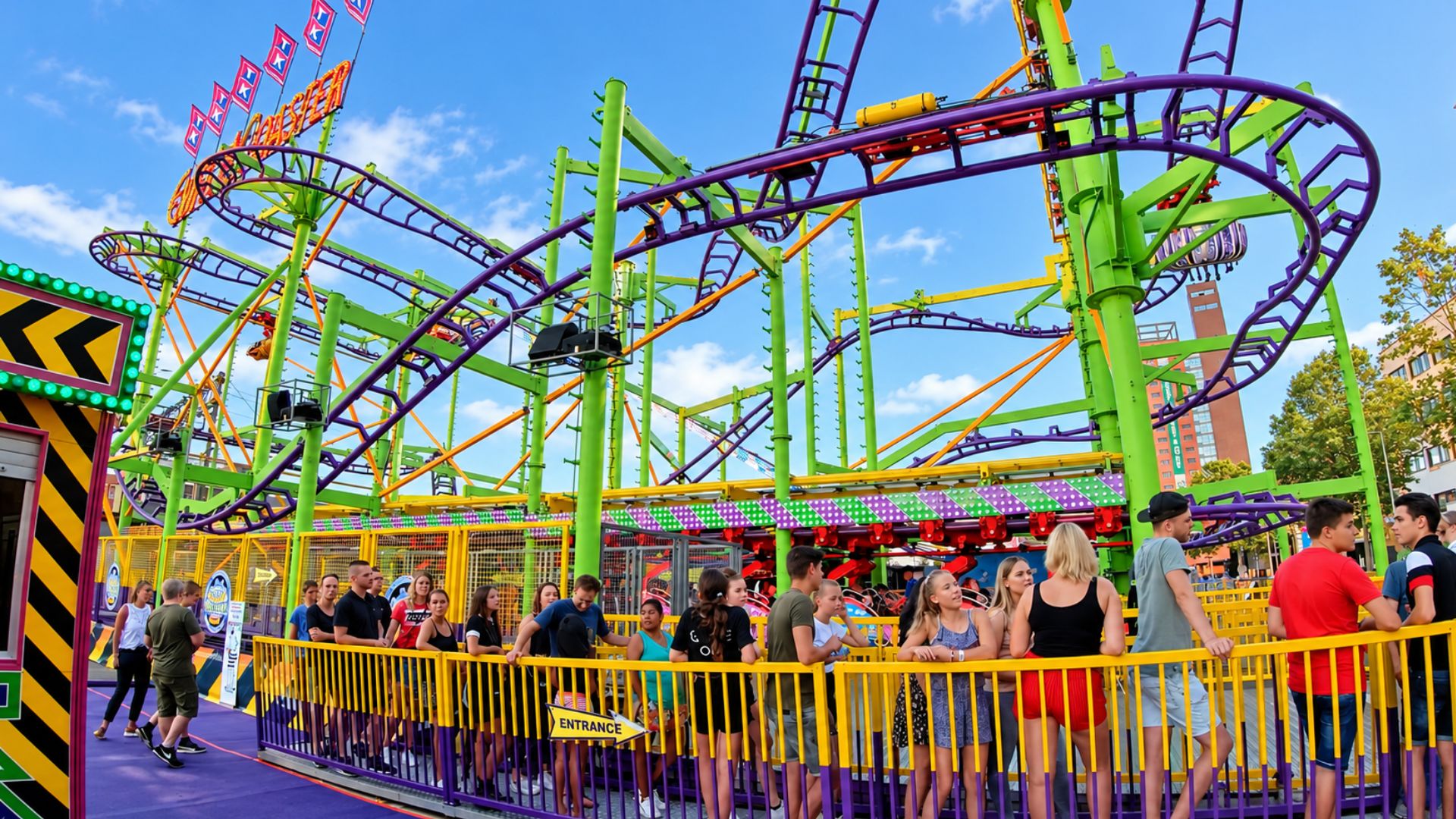 Colorful roller coasters and crowds at Tilburg fun fair (4K)