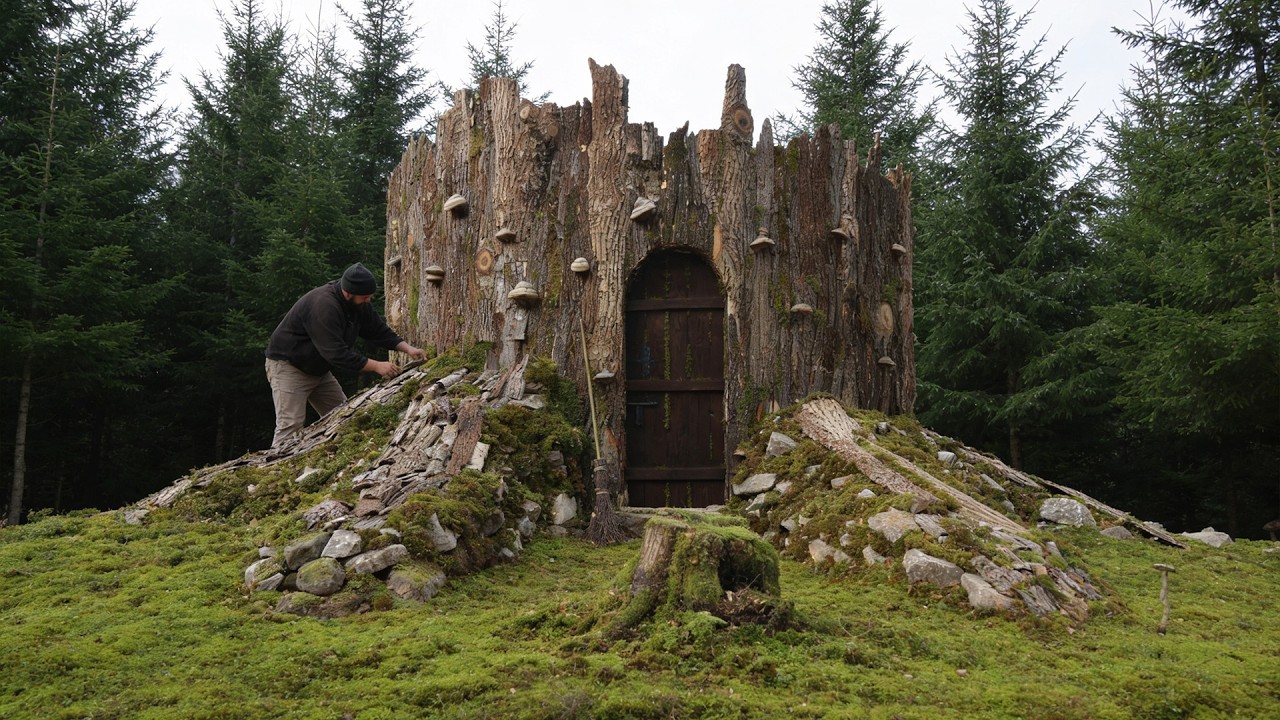 I built a hidden tree stump house deep in the forest | Full bushcraft build