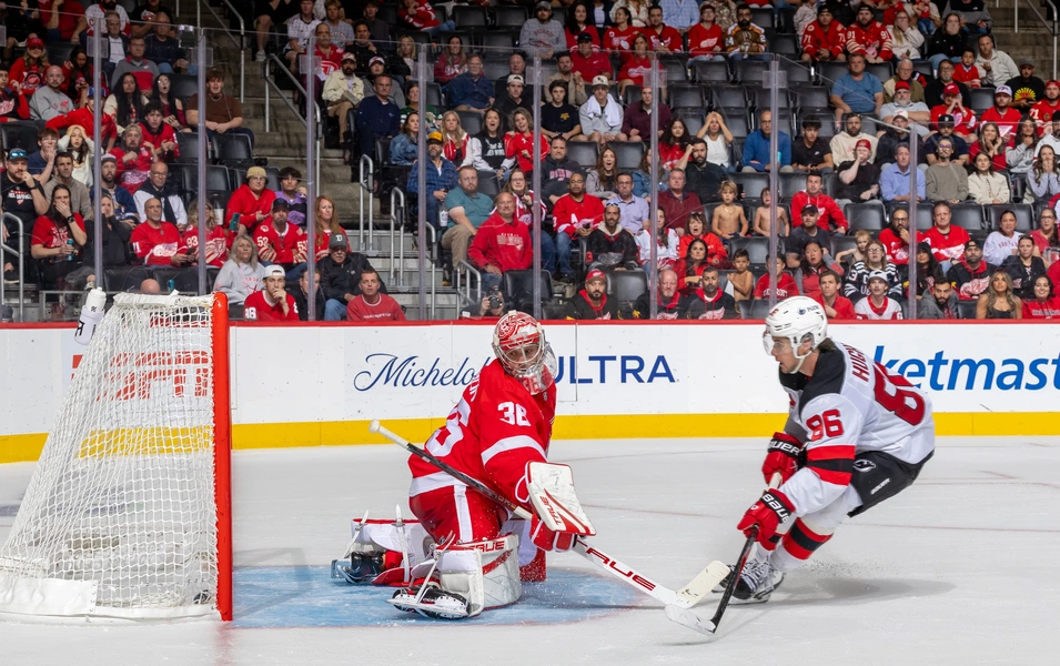 Hughes' OT heroics lift Devils past Red Wings 5-4