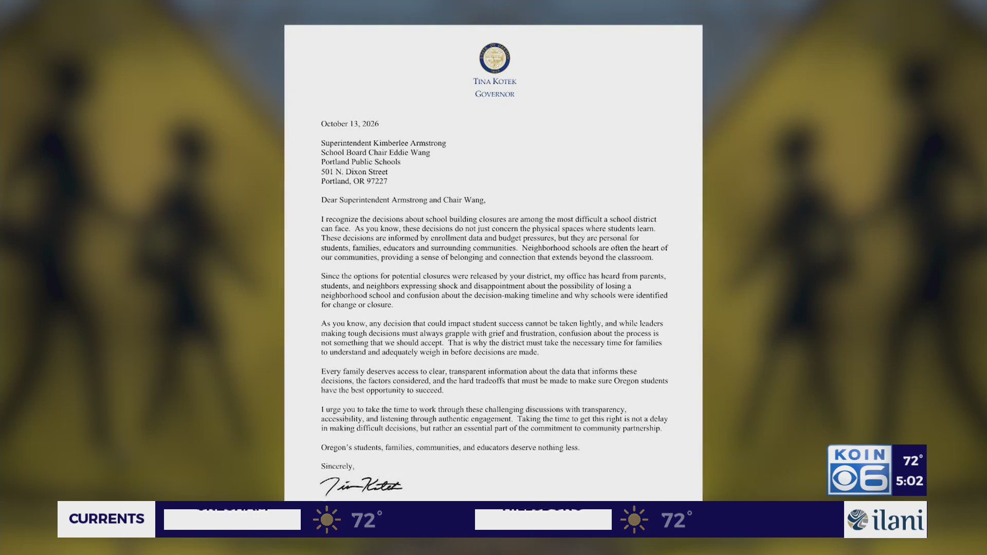Kotek sends letter to PPS