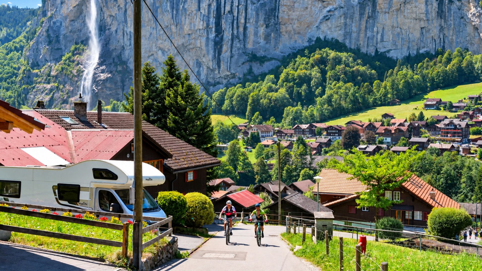 A Swiss alpine village beneath a towering waterfall (4K)