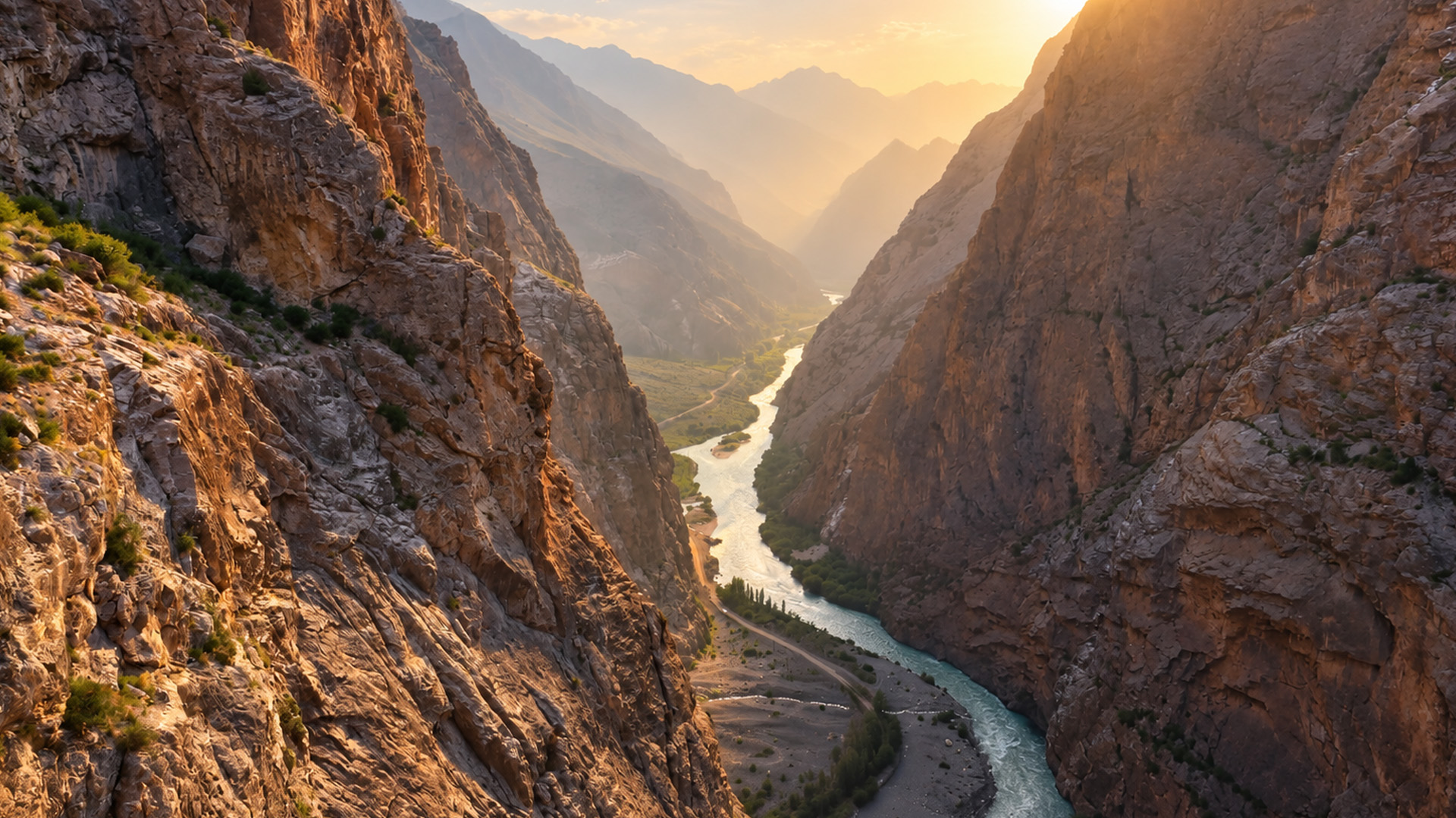A hidden river valley beneath Tajikistan's mountain peaks