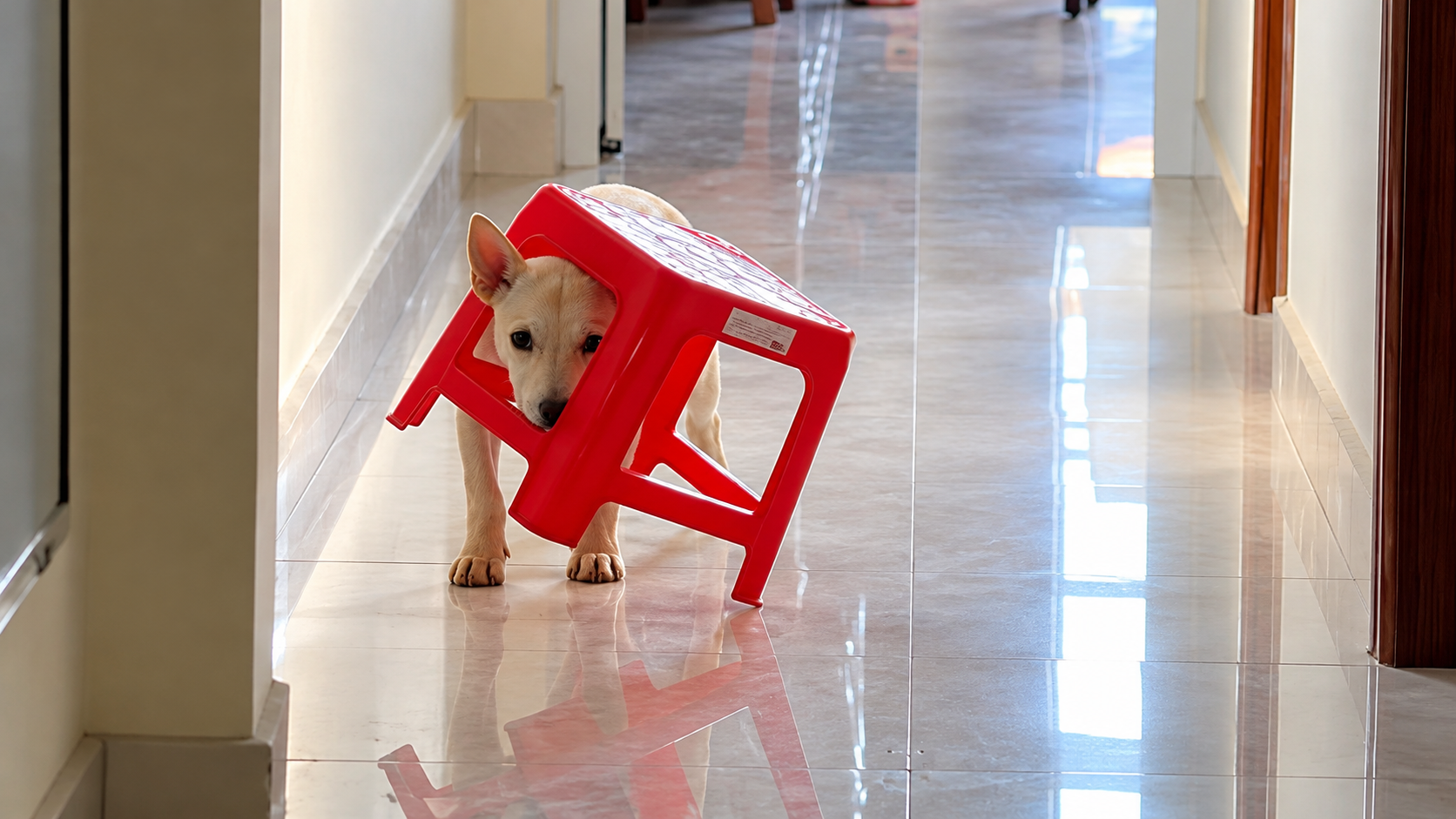 Bull terrier puppy hilariously gets stuck in a plastic chair