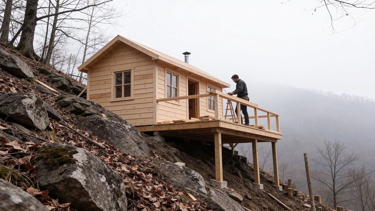 Man builds a real timber house on a steep mountain slope from scratch ...