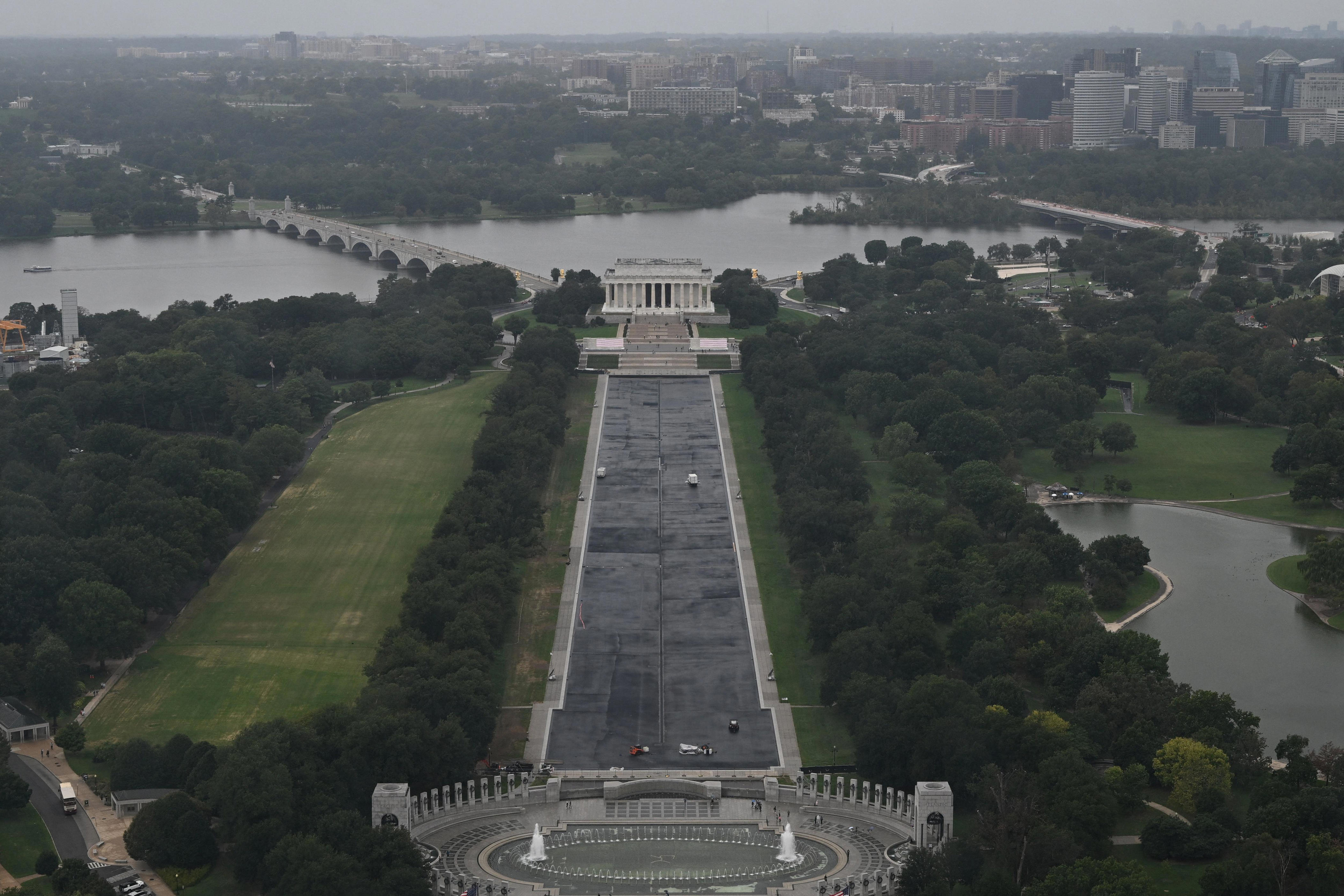 Reflecting pool being refilled after repairs