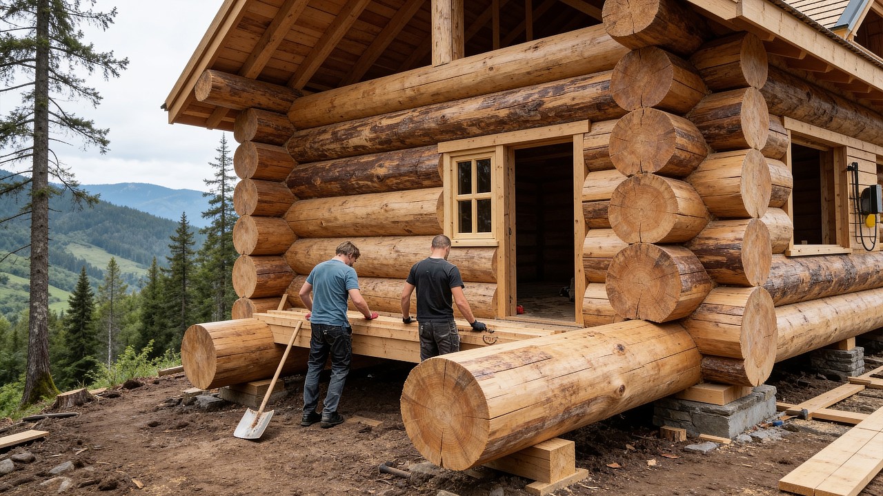 Two men build incredible log cabin on a steep mountain slope
