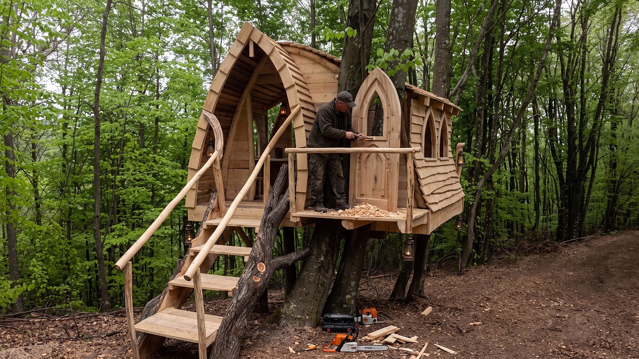 A man is building his dream house in a tree, high in the mountains ...