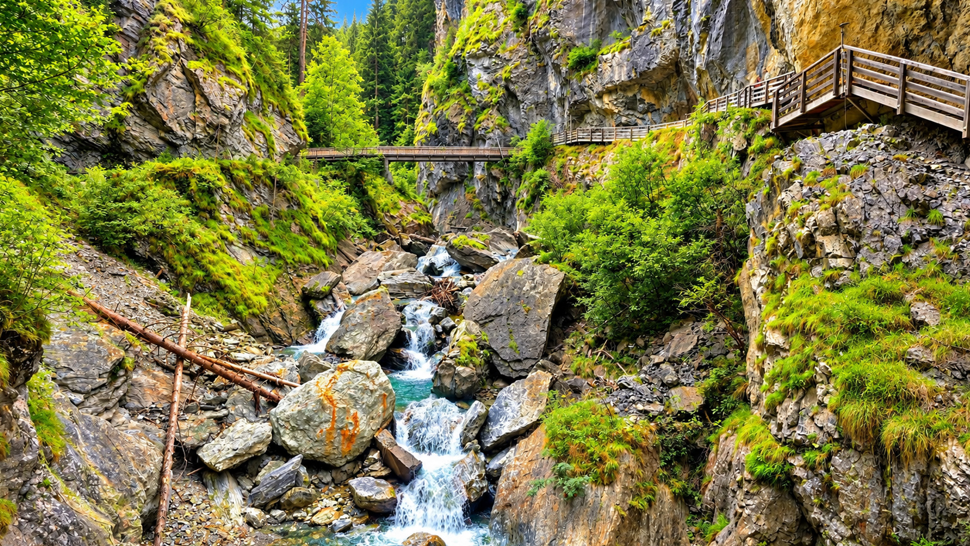 Austria's Kitzlochklamm Gorge has walkways along steep rock walls (4K)