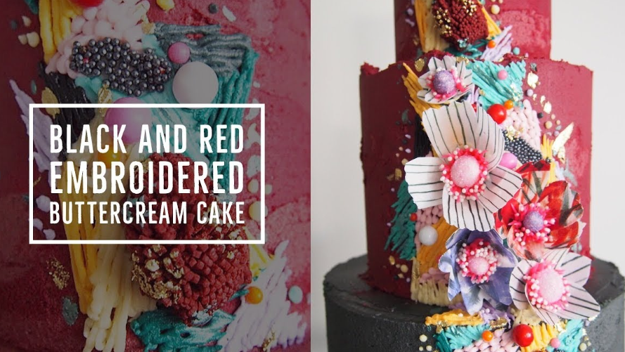 Stunning black and red cake design inspired by embroidery