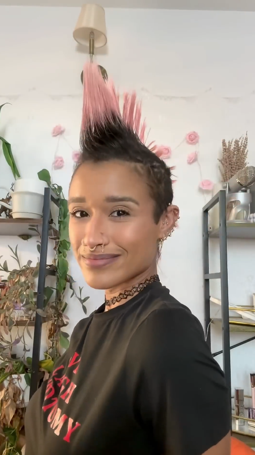 Curly hair transformed into a spiky mohawk