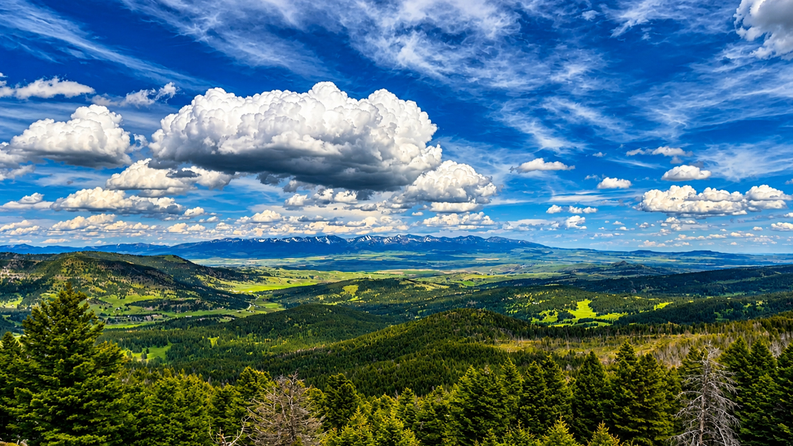 Peaceful mountain landscape surrounded by forests and open valleys