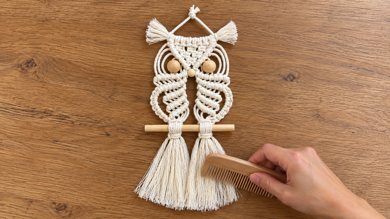 Make a macrame owl with neat knots and fluffy fringe