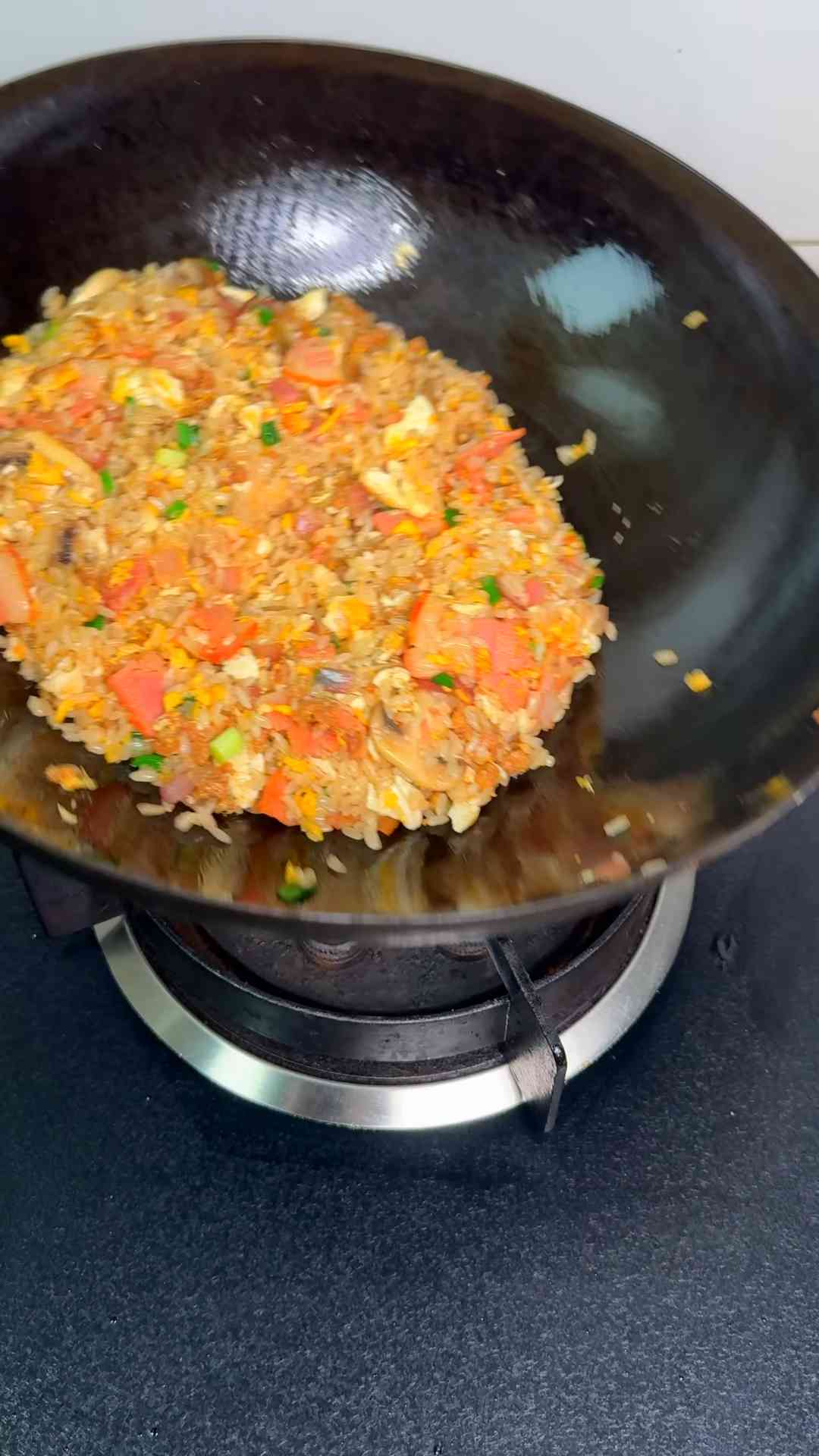 Double meat fried rice with beef bacon and mushrooms