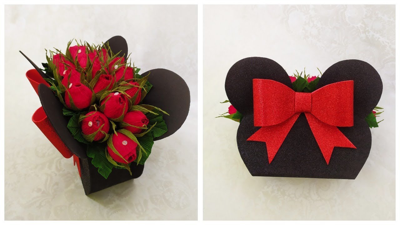 DIY Minnie Mouse candy bouquet with red roses