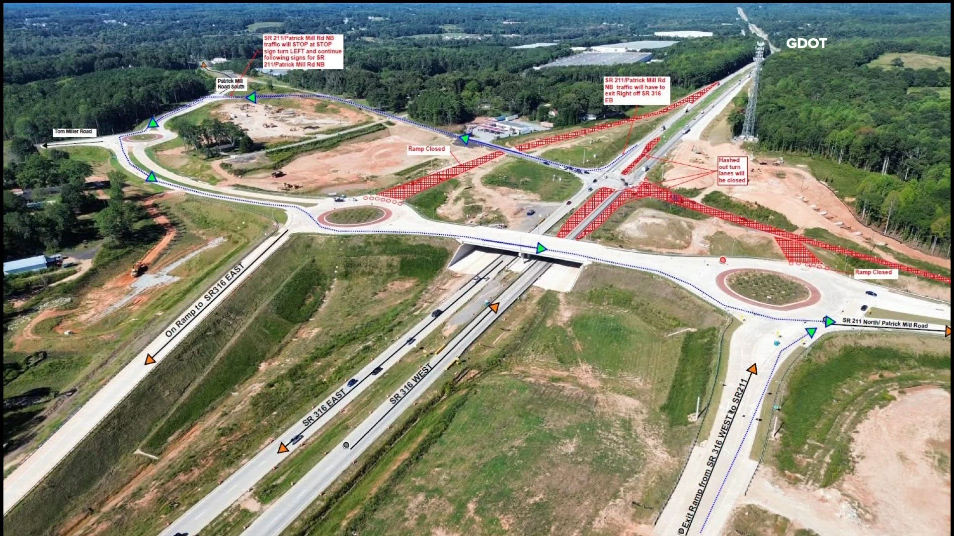 Drivers navigating detours on Highway 316 interchange pattern