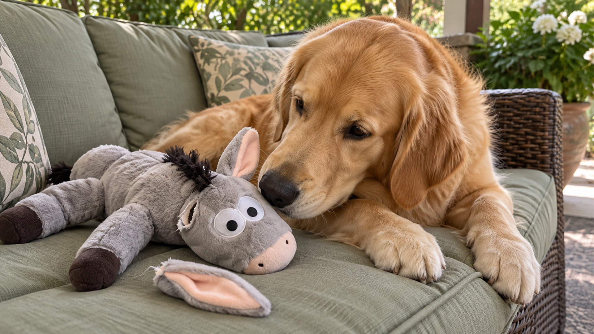 Golden retriever has a toy emergency