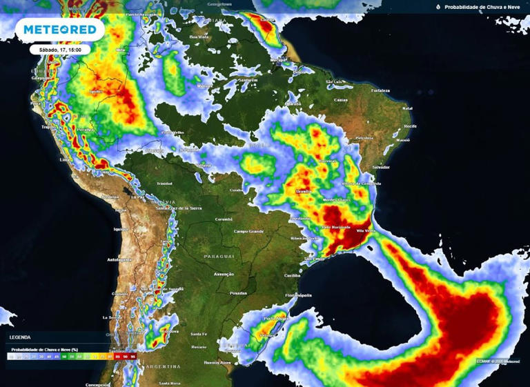 Mapa de probabilidade de chuva para o Brasil neste sábado (17).