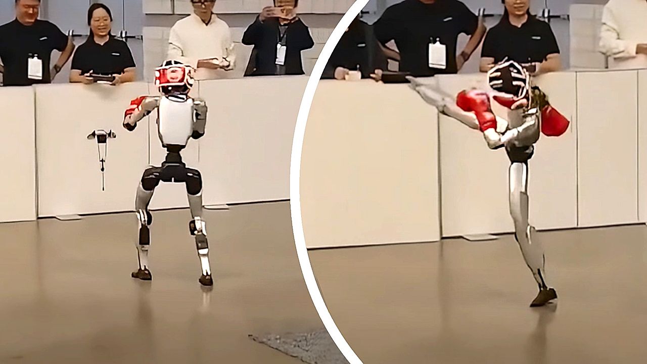Humanoid robot kicks drone across the room at robotics conference