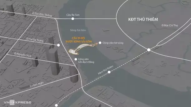 Vị trí xây dựng cầu đi bộ vượt sông Sài Gòn. Đồ họa: Khánh Hoàng