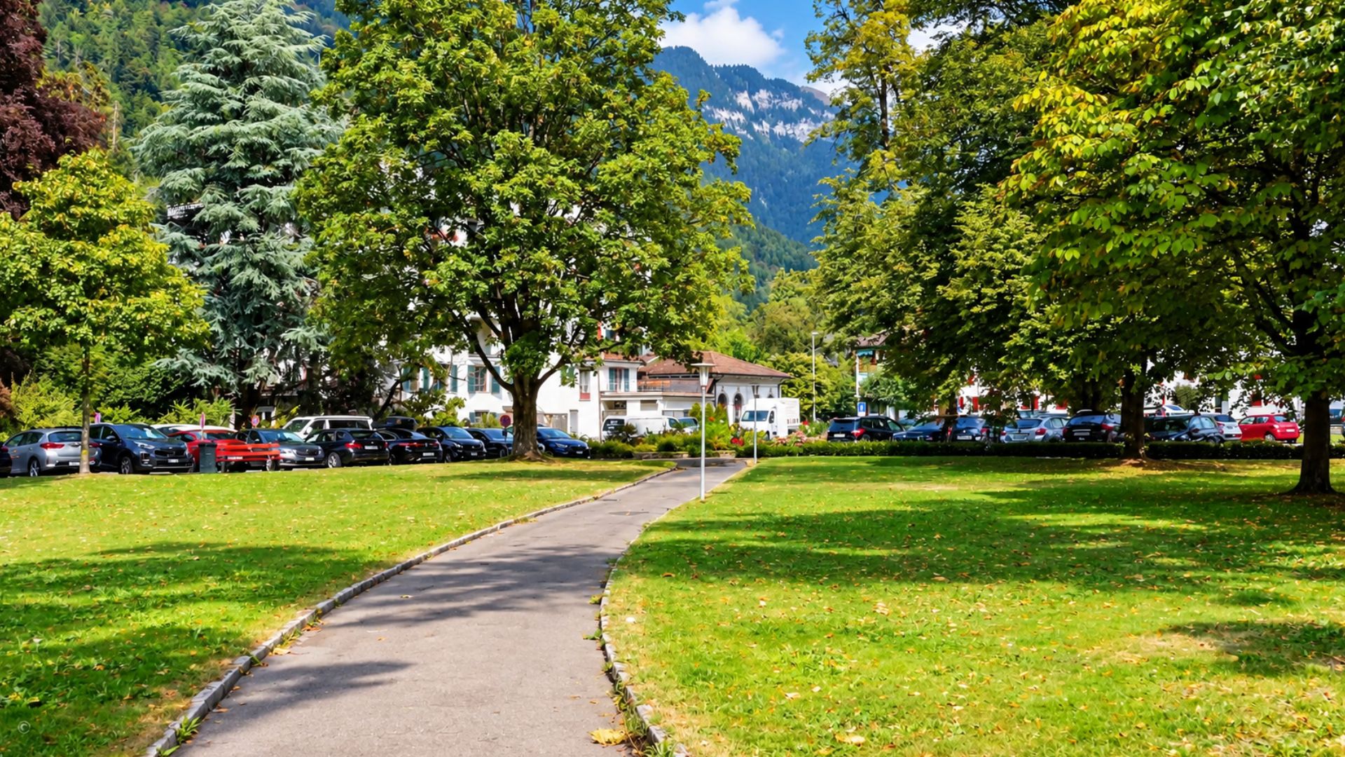 Mountain views and tree-lined pathways in Interlaken (4K)