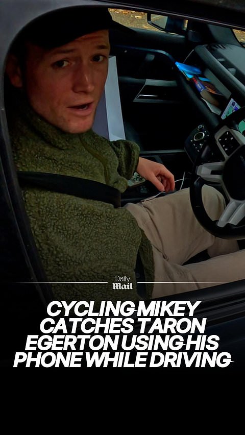 Cycling Mikey catches Taron Egerton using his phone while driving