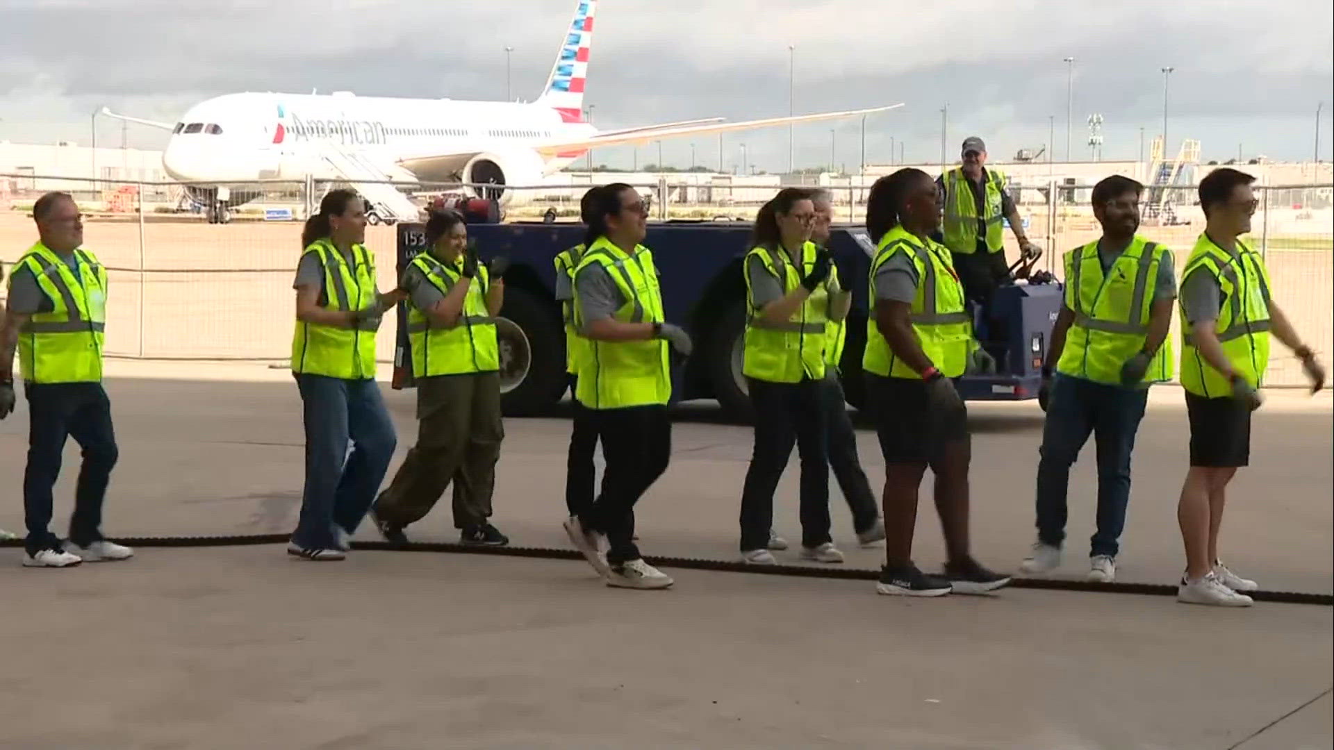 Hundreds participate in a jet pull at DFW airport