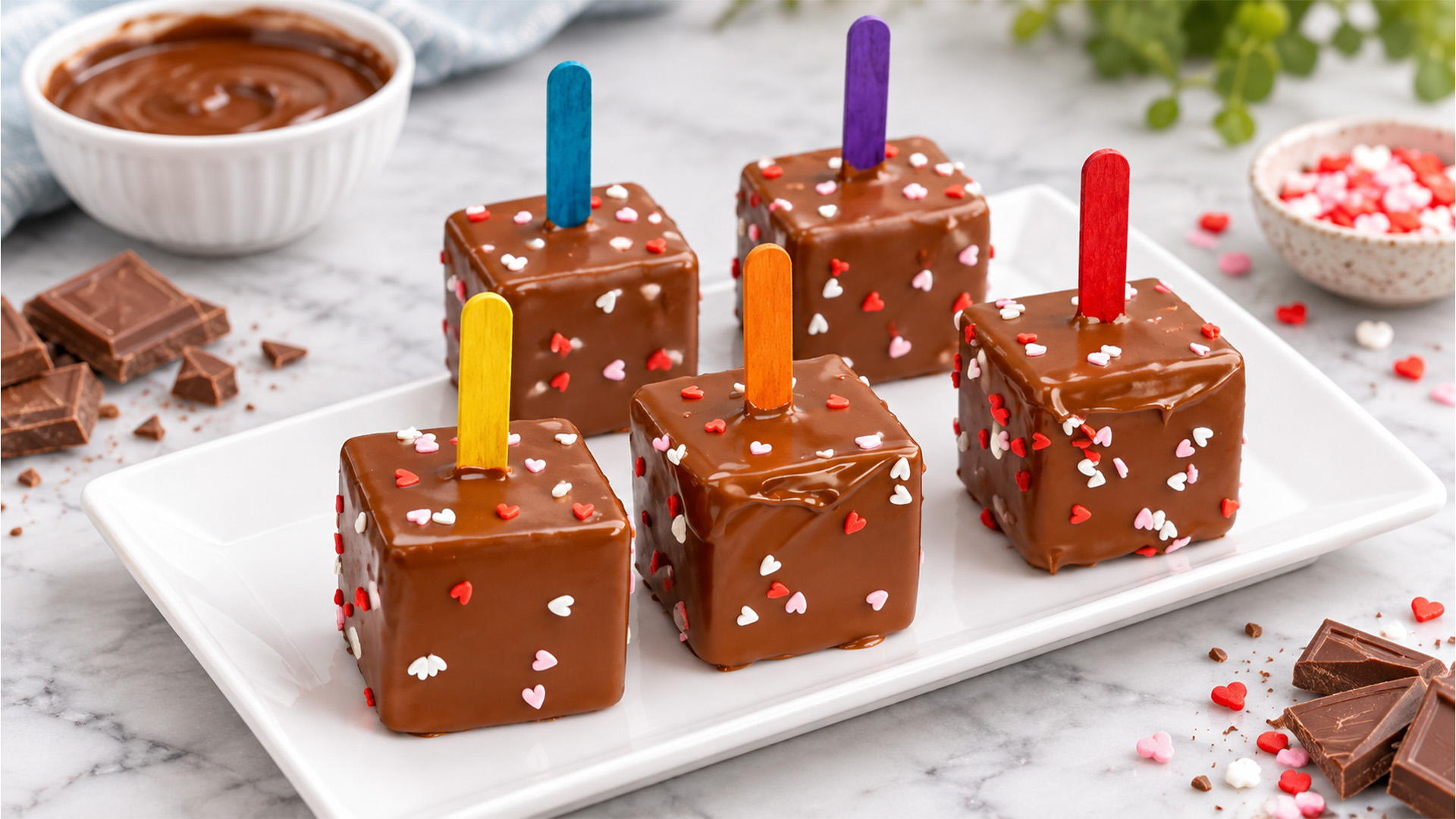 Chocolate mousse cubes with colourful sticks
