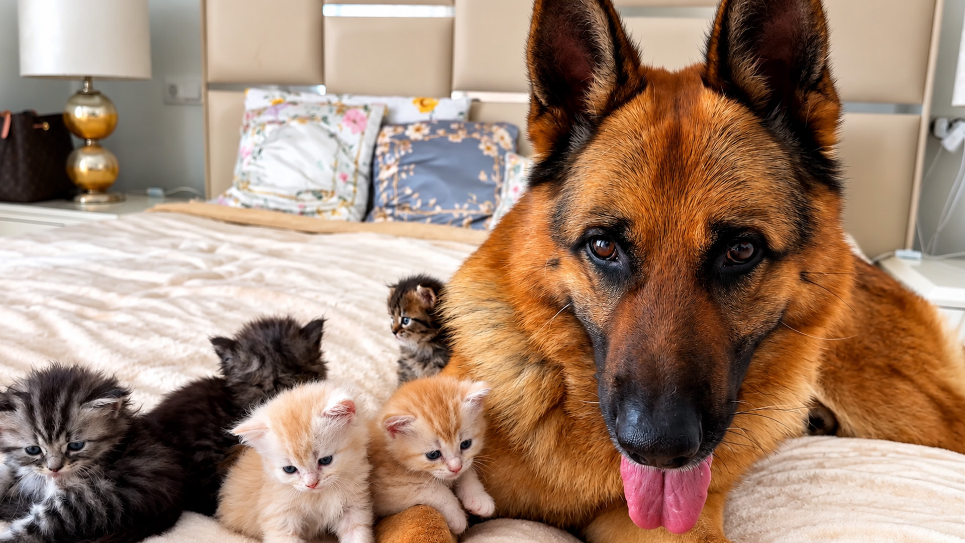 Tiny kittens find comfort beside a German shepherd