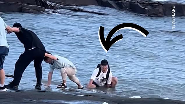 Tourists form human chain to save man