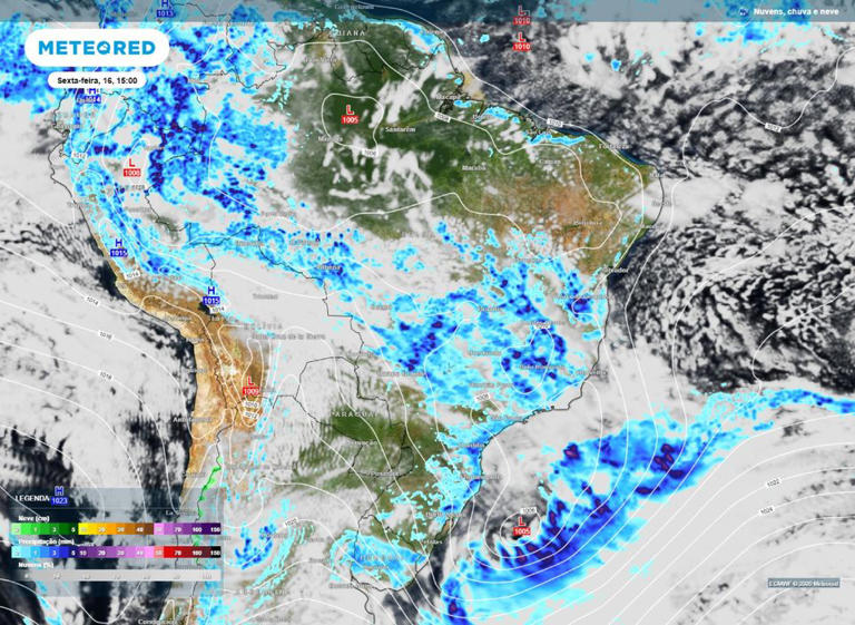 Previsão de chuvas, nebulosidade e a localização do ciclone extratropical por meio das isóbaras para a tarde deamanhã (16)