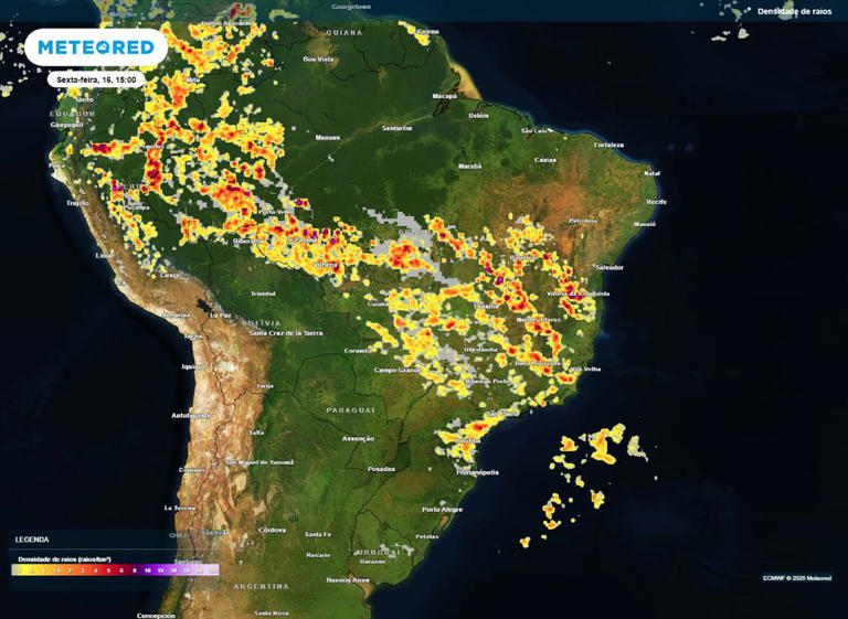 Mapa mostra áreas com maior potencial para temporais nesta sexta-feira (16).