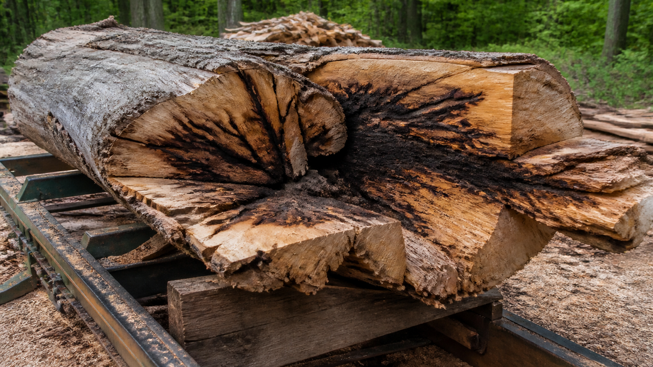 Lightning-struck oak is cut open to reveal a strange secret hidden inside