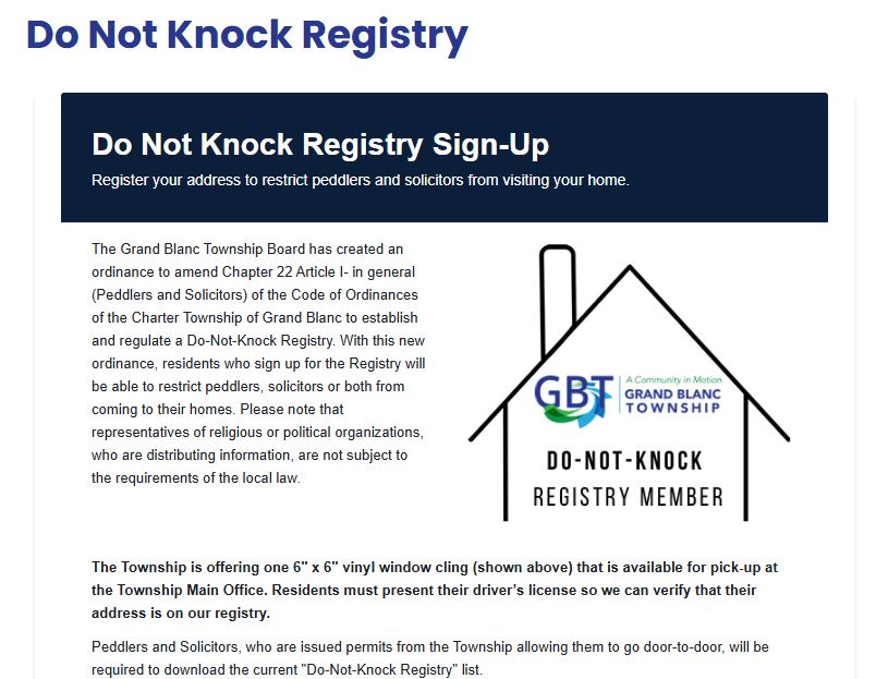 Grand Blanc Township’s new Do-No-Knock registry draws 200 homes in two days