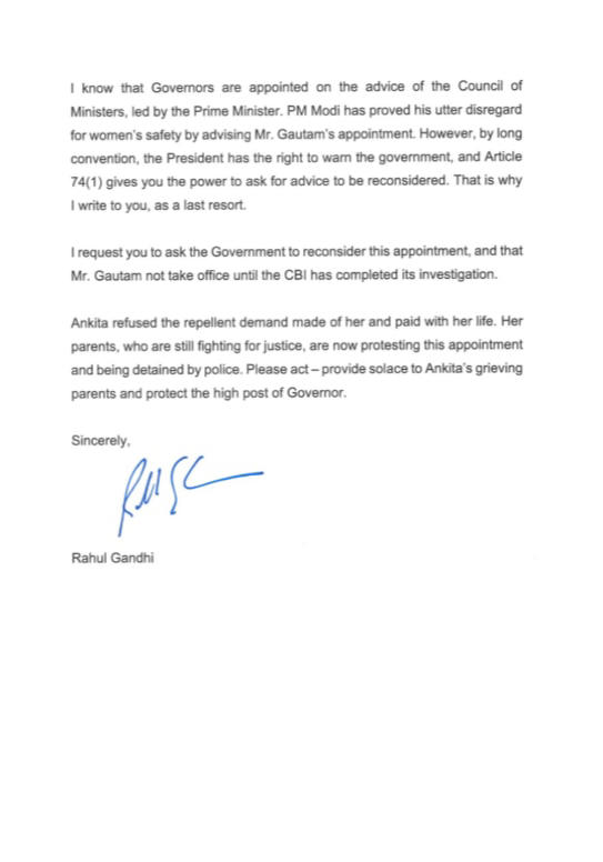 Ankita Bhandari case: Rahul urges president to halt Sikkim governor's ...