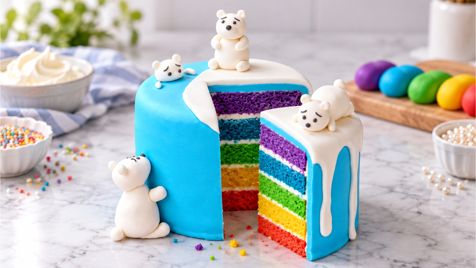 Little white bears on a rainbow surprise cake