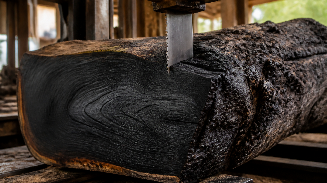 5,000-year-old bog oak is cut open to reveal a shockingly dark texture