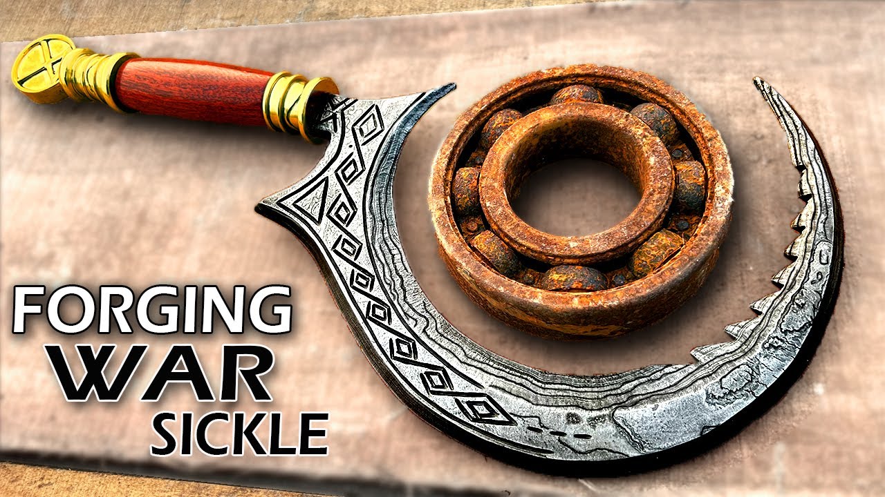 Hand forged Damascus sickle out of rusted bearings