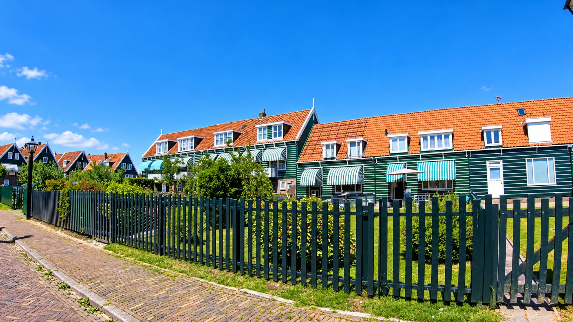 Green wooden houses and red rooftops in Marken, Netherlands (4K)