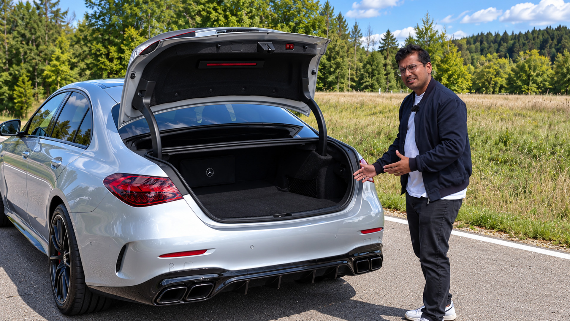 Examining the rear storage space of the Mercedes-AMG C63 S hybrid