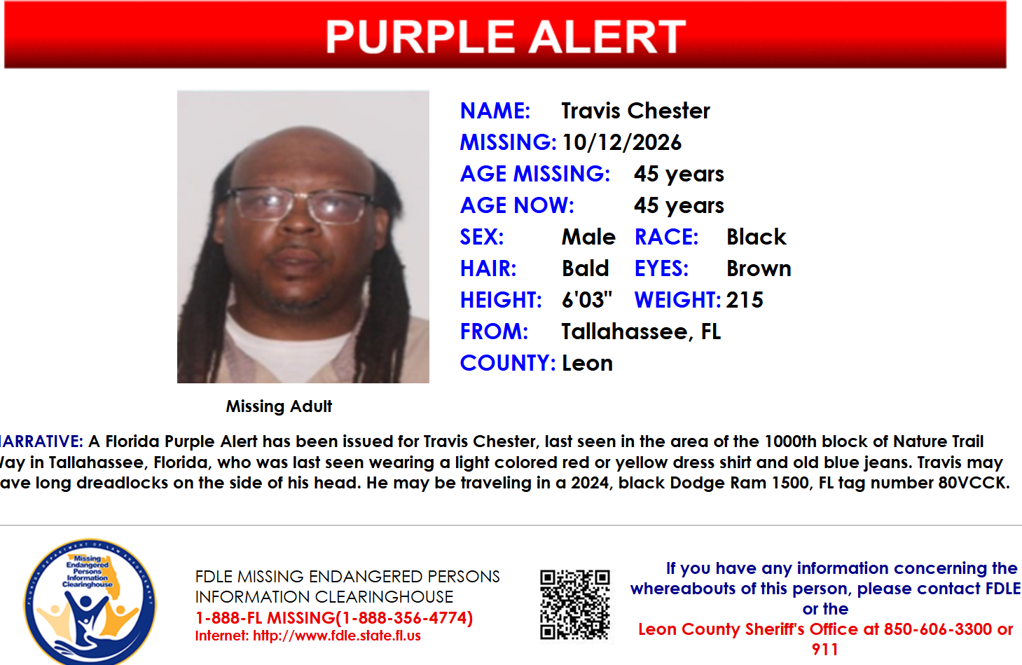 Purple alert issued for missing Tallahassee man