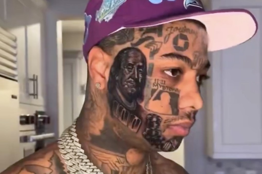Blueface shows off fresh touch-up of his face tattoos of Benjamin ...