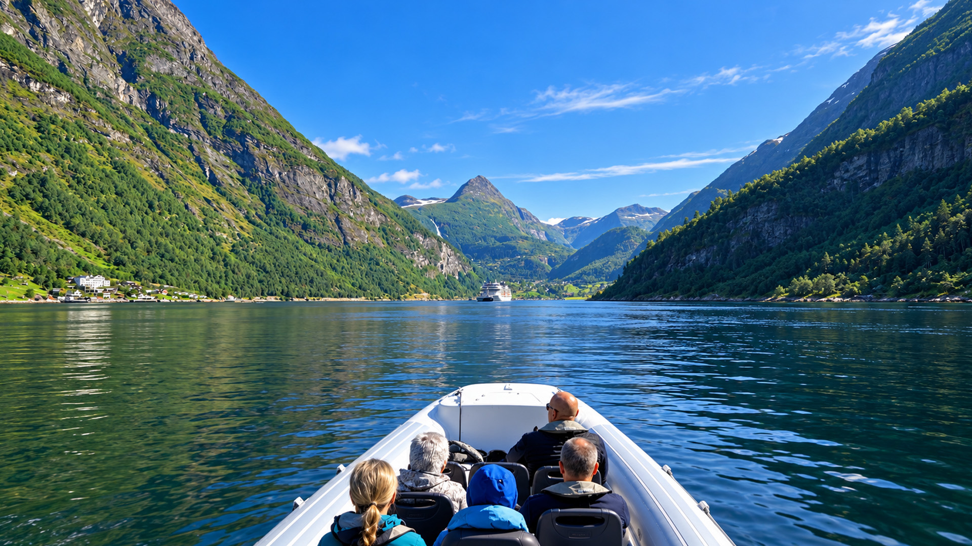 Exploring Geirangerfjord beneath towering mountain walls (4K)