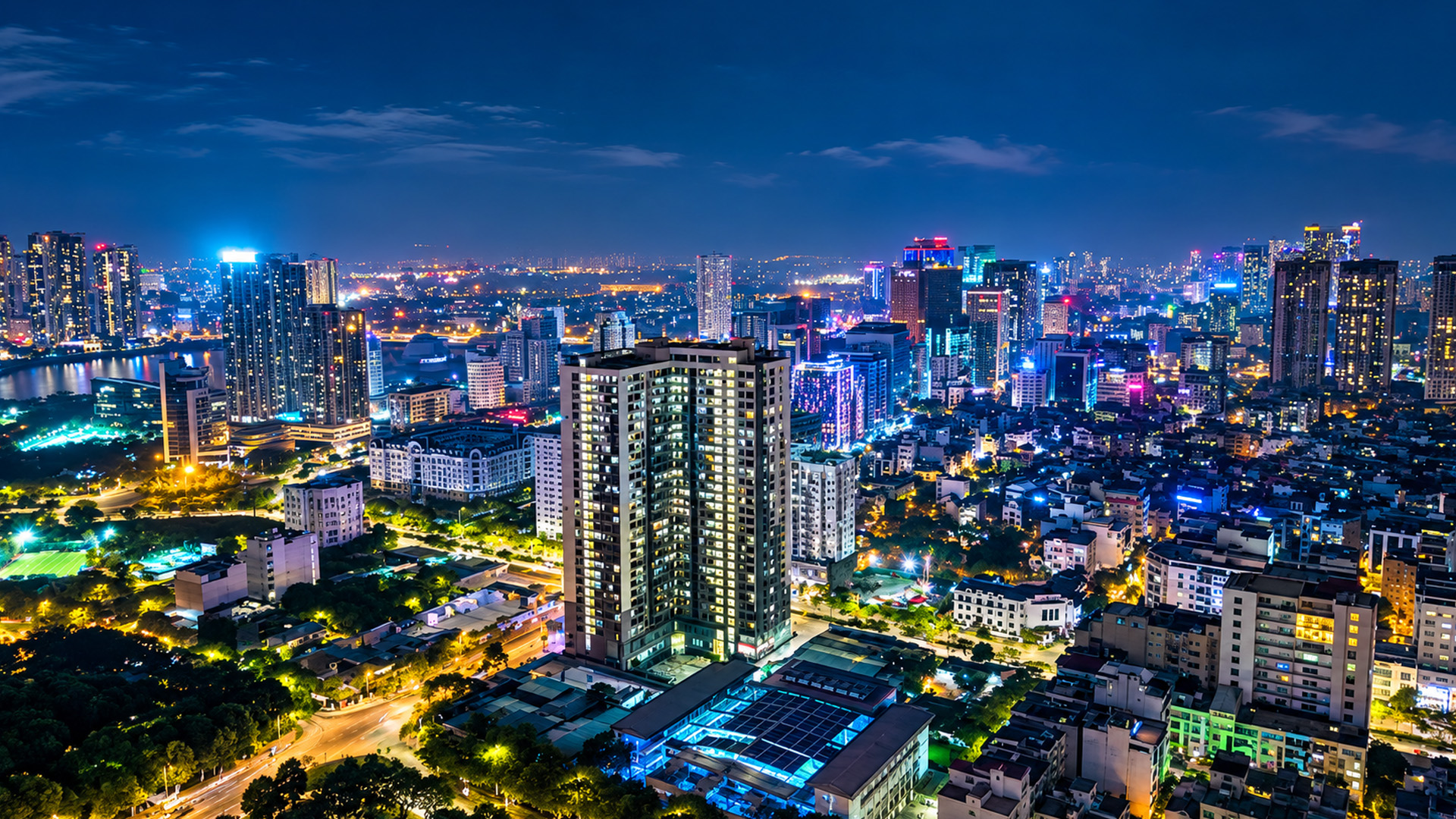 Thousands of lights transform this modern skyline