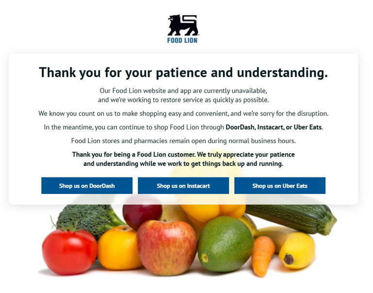 Food Lion's website and app are down