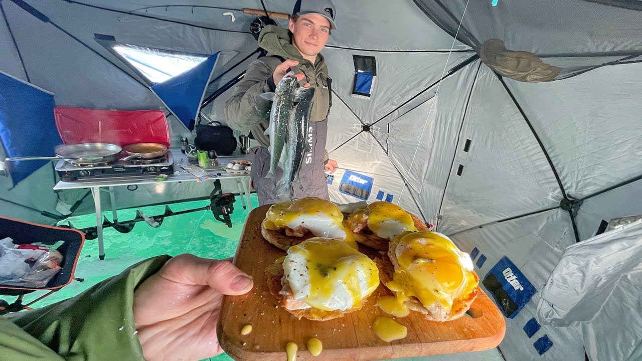 Salmon eggs Benedict on the ice (catch, clean, cook)