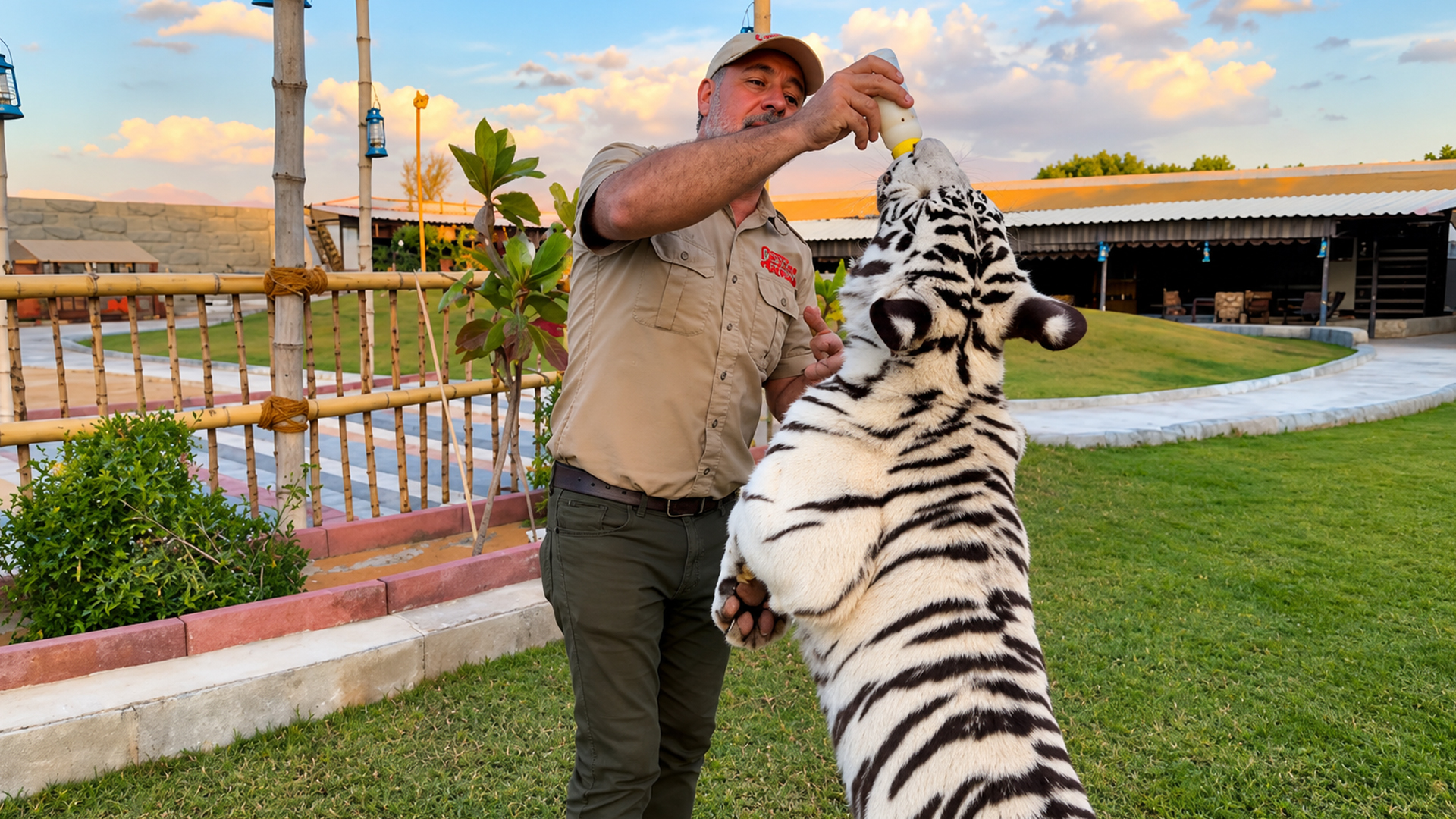 A rare white tiger enjoys milk straight from a bottle