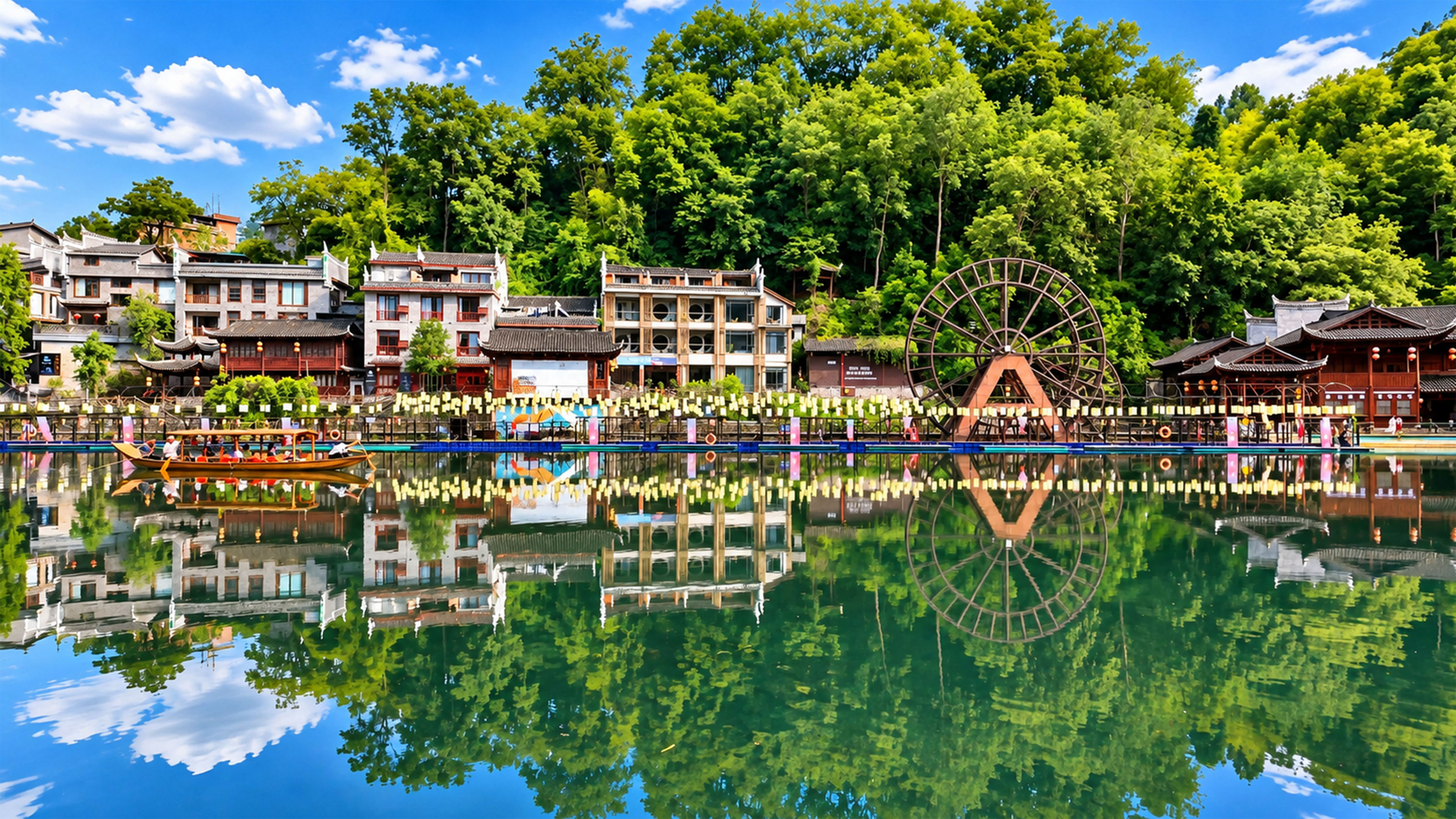Traditional Waterwheel Stands Beside This China Old Town
